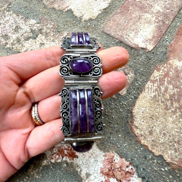 Estate Vintage Amethyest Stone Sterling Silver Bracelet INCREDIBLE Mexico DF - Picture 3 of 6